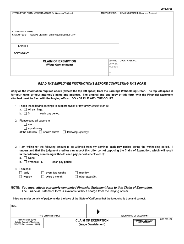 WG 006 Claim of Exemption Wage Garnishment  Form