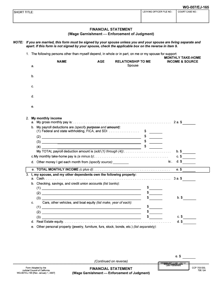 Fill Fillable WG 007 Financial Statement Same as EJ  Form