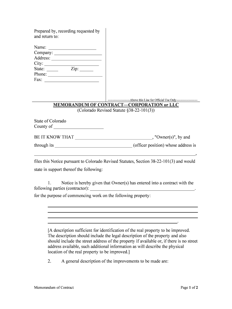 MEMORANDUM of CONTRACTCORPORATION or LLC  Form