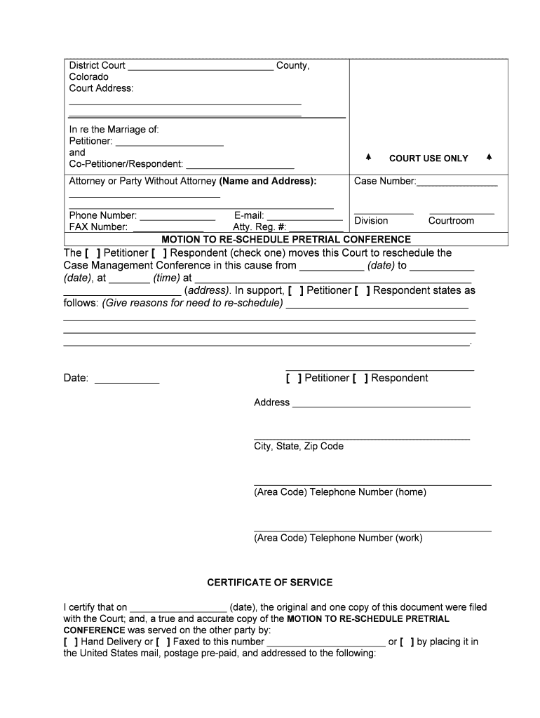 DISTRICT COURT, COUNTY, COLORADO Court Address in Re the  Form