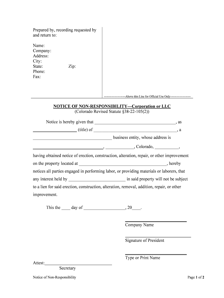 NOTICE of NON RESPONSIBILITY INDIVIDUAL  Form