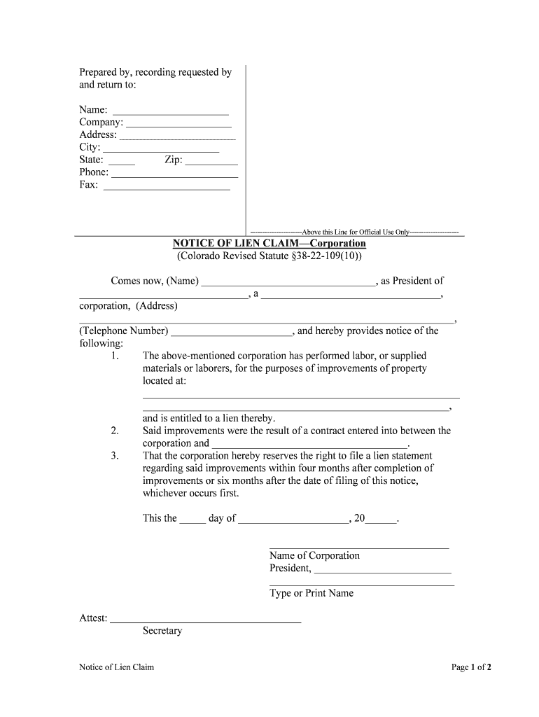 NOTICE of LIEN CLAIMCorporation  Form