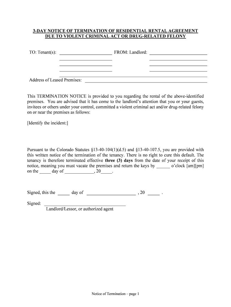 3 DAY NOTICE of TERMINATION of RESIDENTIAL RENTAL AGREEMENT  Form