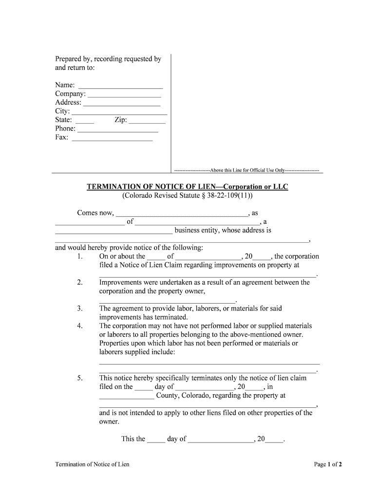 TERMINATION of NOTICE of LIENCorporation or LLC  Form