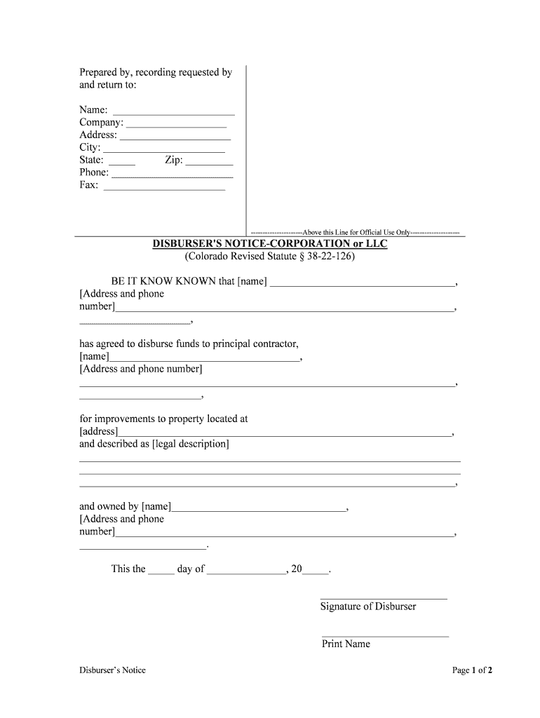 DISBURSER'S NOTICE CORPORATION or LLC  Form