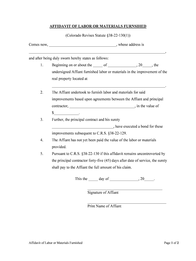 AFFIDAVIT of LABOR or MATERIALS FURNSIHED  Form