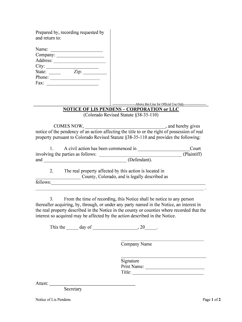 NOTICE of LIS PENDENS CORPORATION or LLC  Form