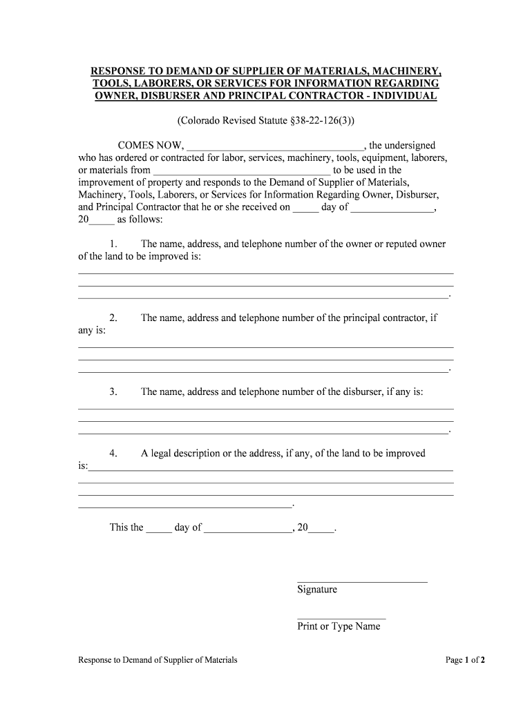 Colorado Response to Demand of Supplier of Materials  Form