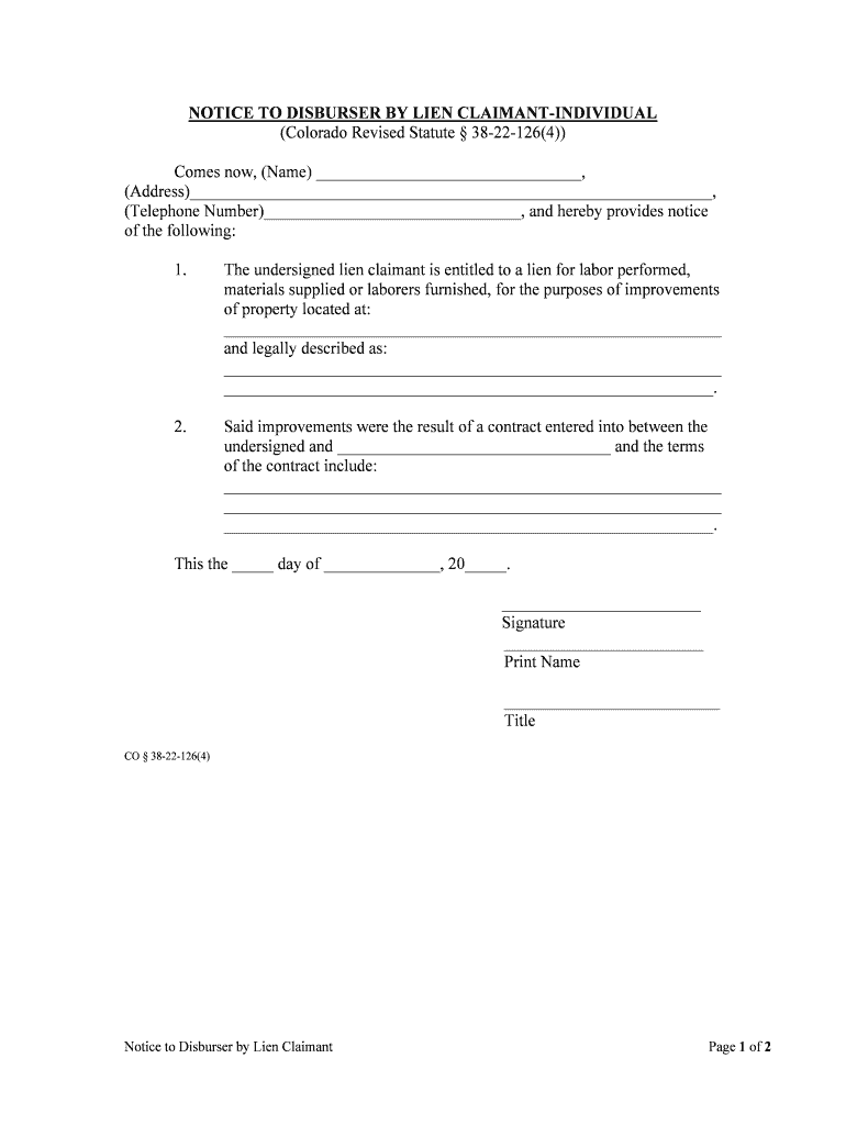 NOTICE to DISBURSER by LIEN CLAIMANT INDIVIDUAL  Form