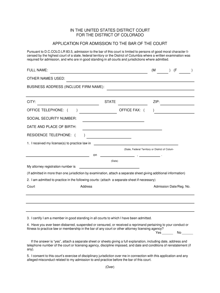 APPLICATION for ADMISSION to the BAR of the COURT  Form