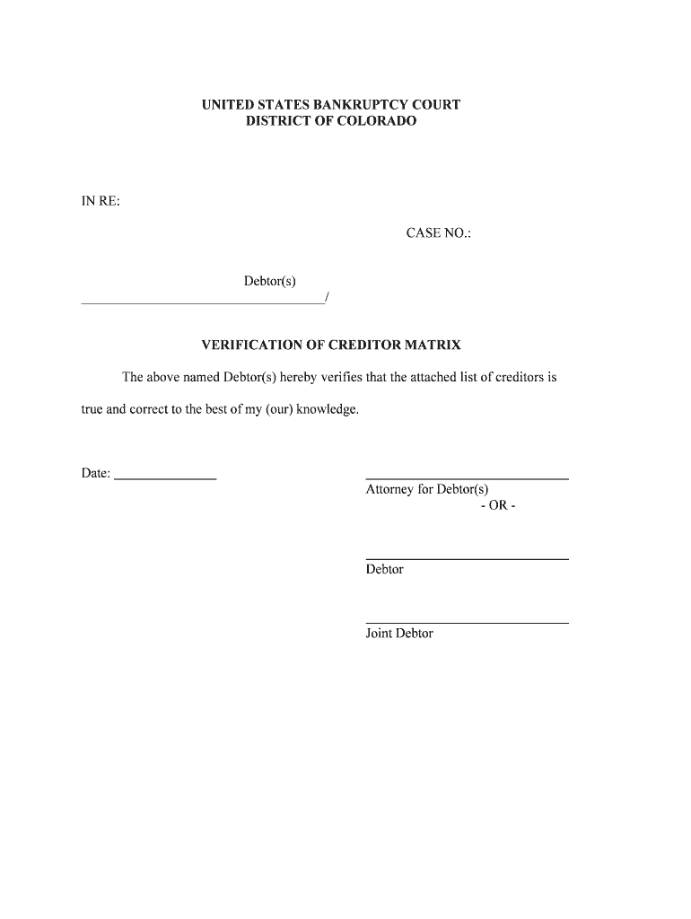 Verification of Creditor Matrix United States Bankruptcy  Form