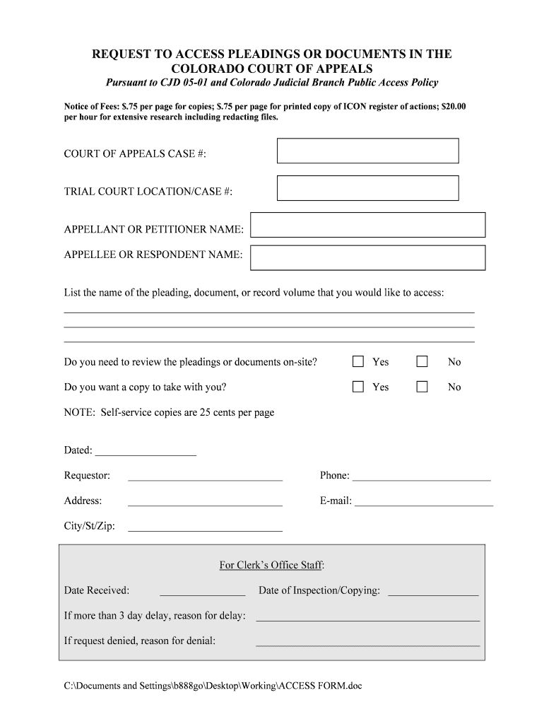 REQUEST to ACCESS PLEADINGS or DOCUMENTS in the COLORADO  Form
