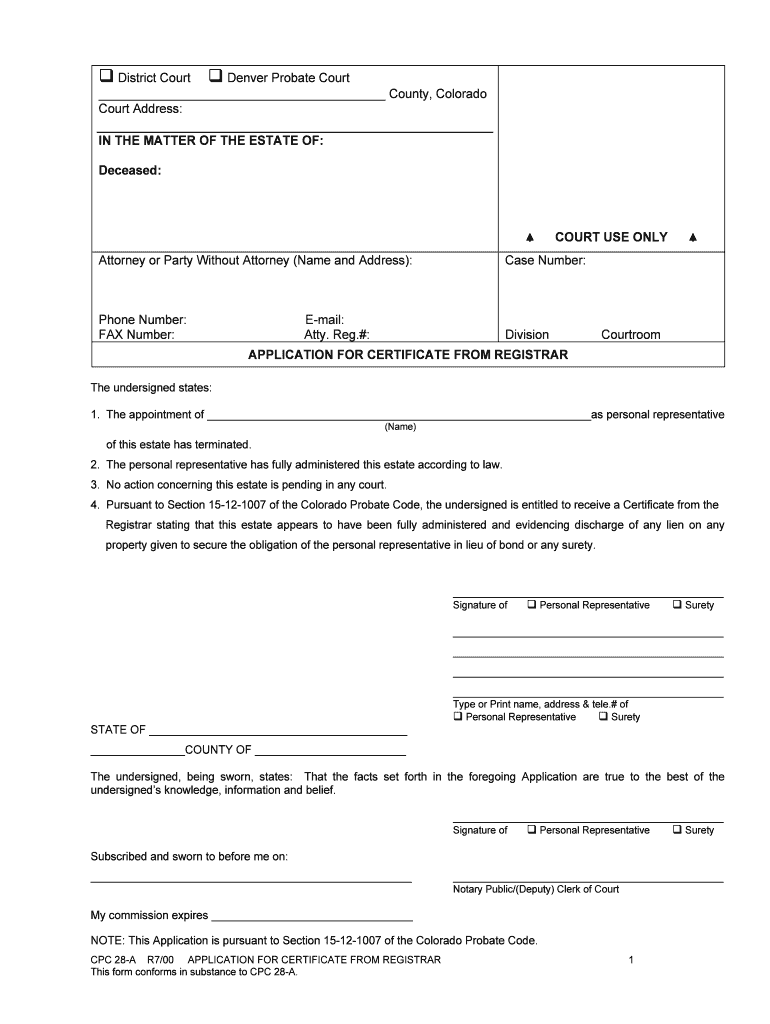 APPLICATION for CERTIFICATE from REGISTRAR  Form