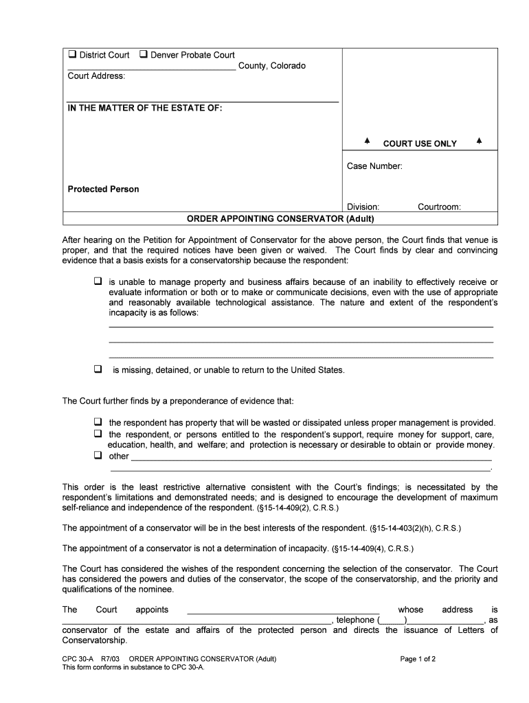 ORDER APPOINTING CONSERVATOR Adult  Form