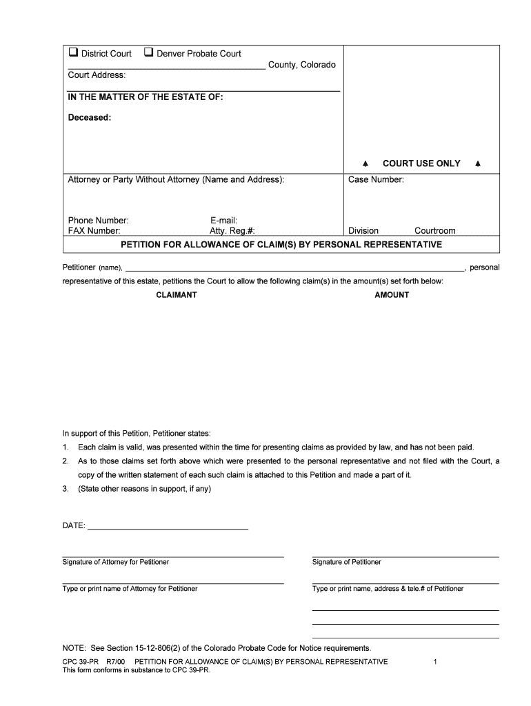 PETITION for ALLOWANCE of CLAIMS by PERSONAL REPRESENTATIVE  Form