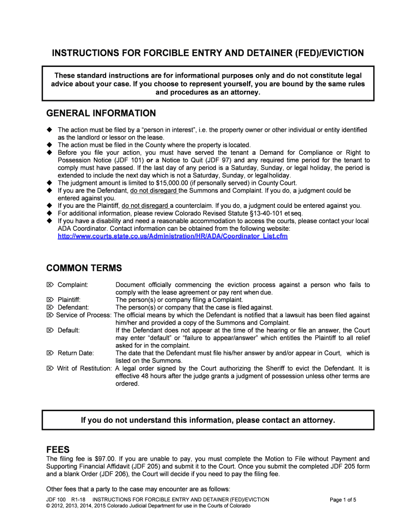 Instructions for Forcible Entry and Detainer Fedeviction for  Form