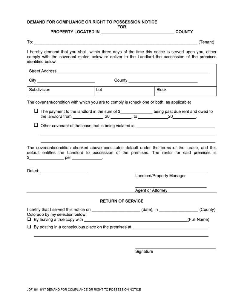 Fillable Online Colorado 3 Day Notice to Quit Form JDF 101