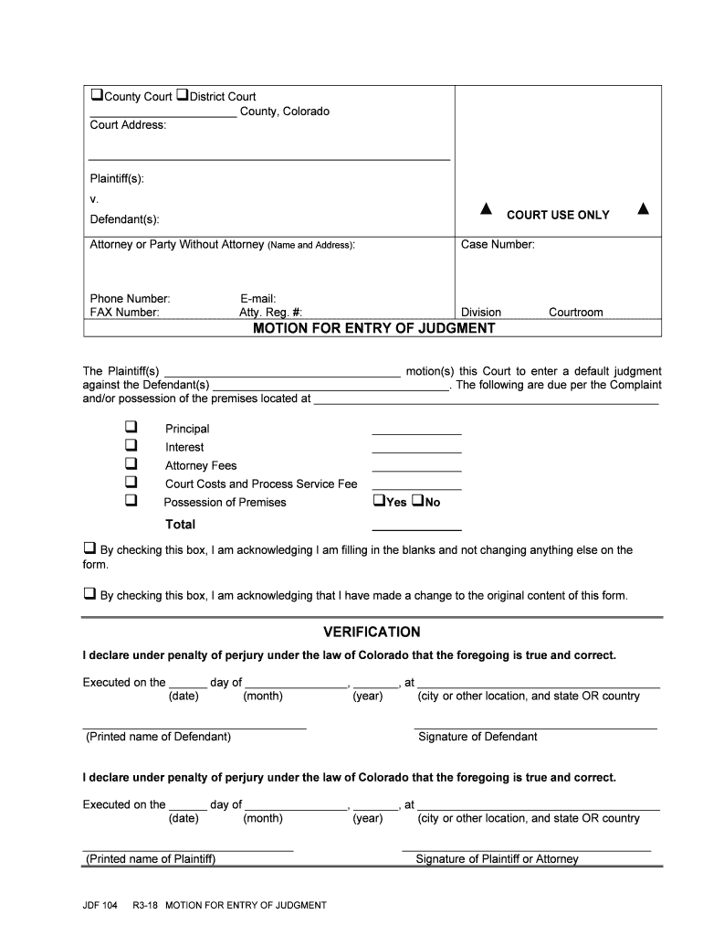 Get the MOTION for ENTRY of JUDGMENT Courts State Co Us  Form