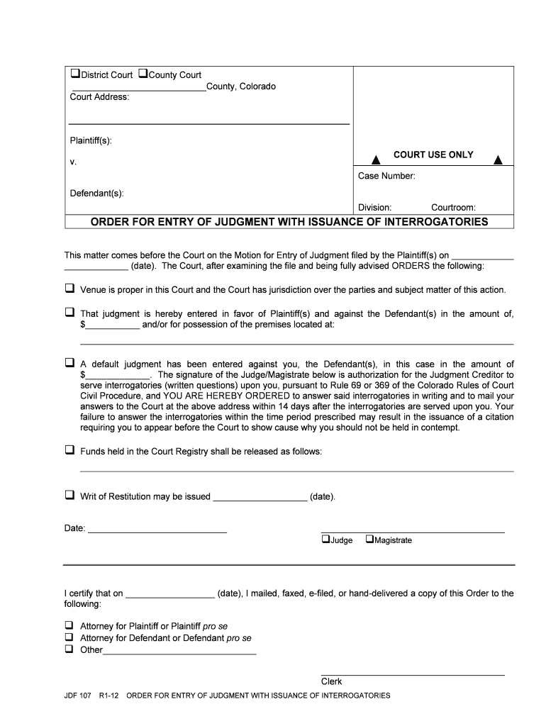 This Matter Comes Before the Court on the Motion for Entry of Judgment Filed by the Plaintiffs on  Form