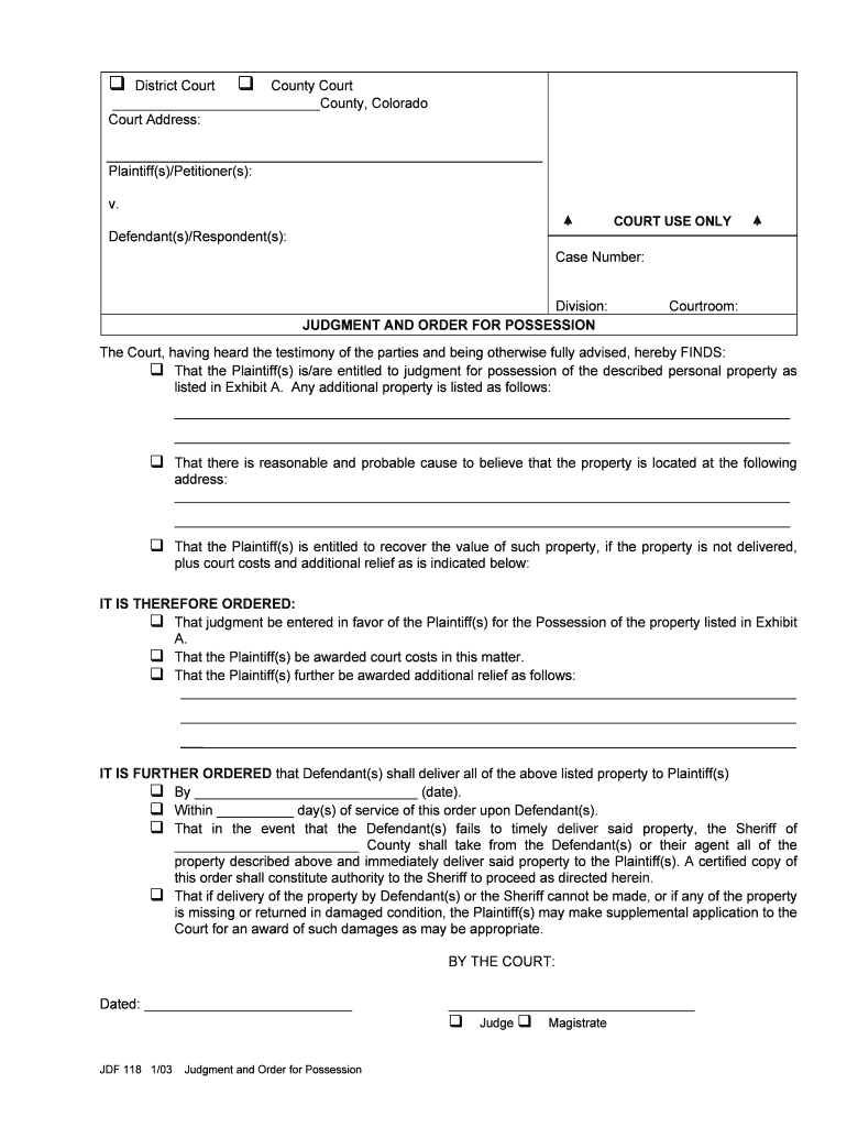 JUDGMENT and ORDER for POSSESSION  Form