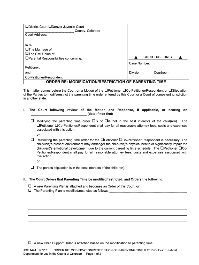 ORDER RE MODIFICATIONRESTRICTION of PARENTING TIME  Form