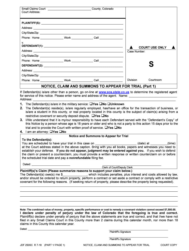 JDF 250 Notice Claims and Summons for Trial R01 17 PDF  Form