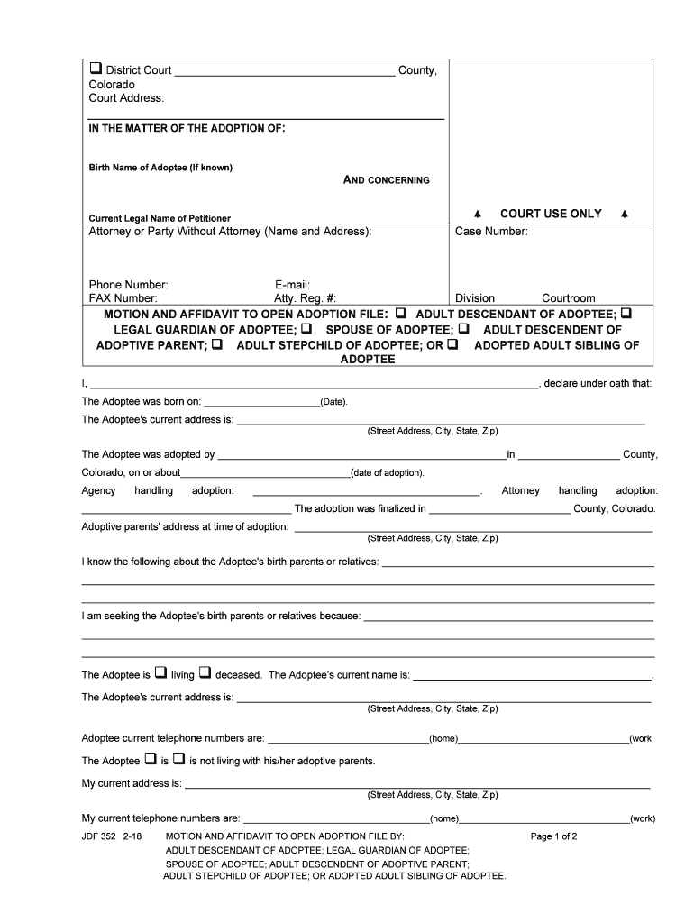 MOTION and AFFIDAVIT to OPEN ADOPTION FILE ADULT DESCENDANT of ADOPTEE;  Form