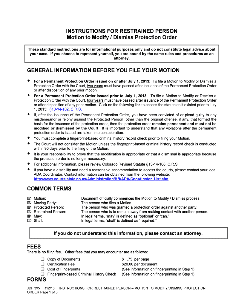 INSTRUCTIONS for RESTRAINED PERSON Motion to Modify Dismiss  Form