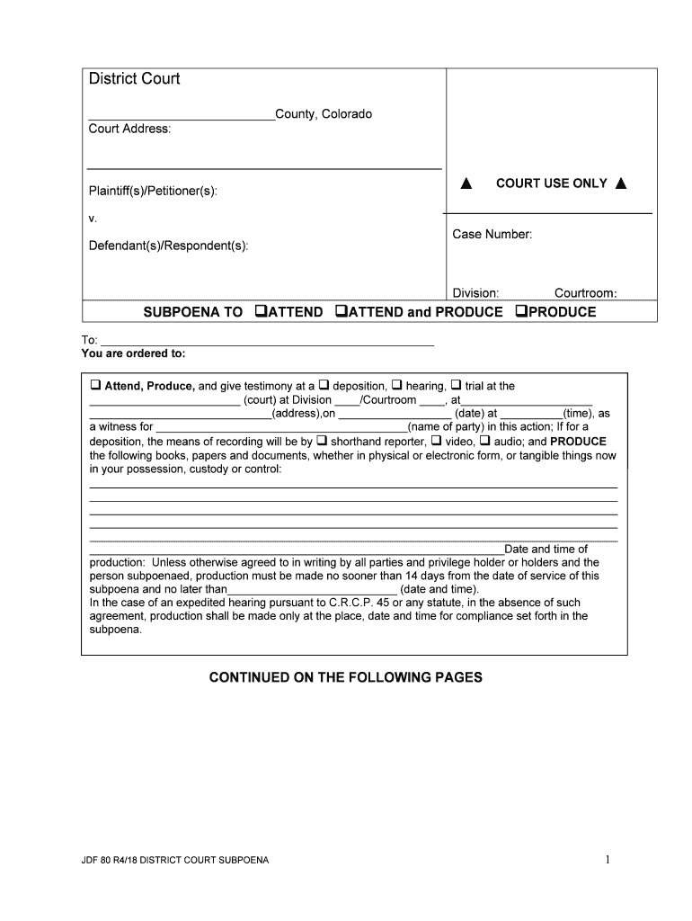 District Court County, Colorado Court Address COURT USE  Form