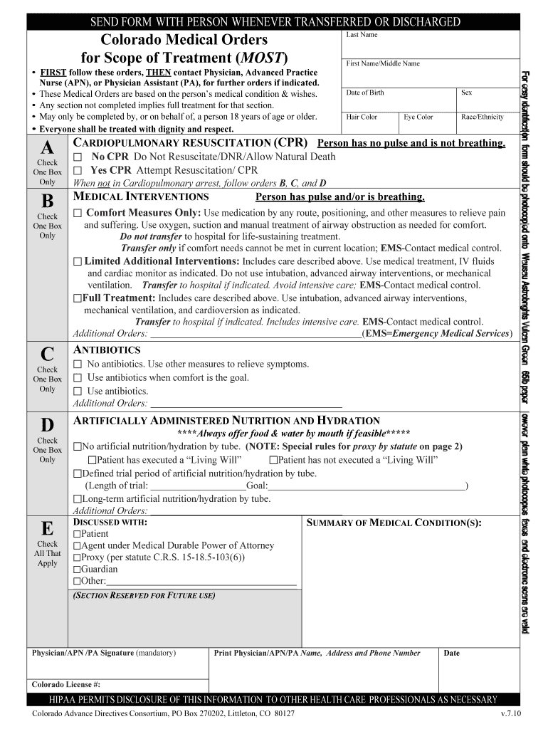 Colorado Medical Orders for Scope of Treatment Most Form