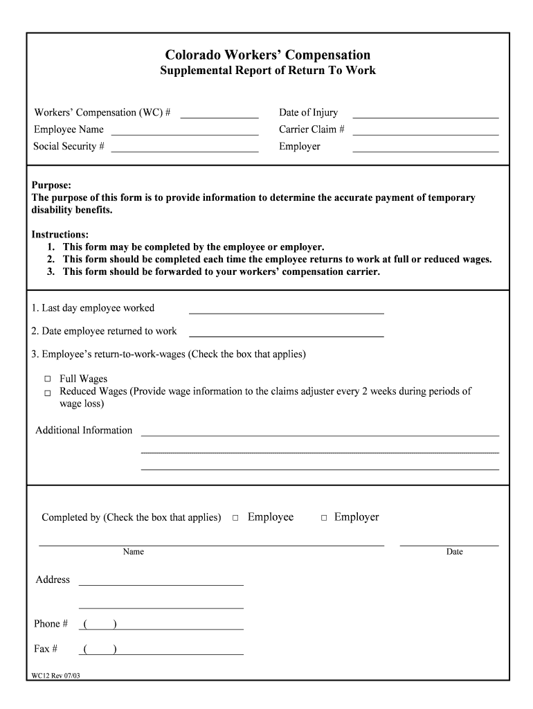 Supplemental Report of Return to Work Colorado Gov  Form