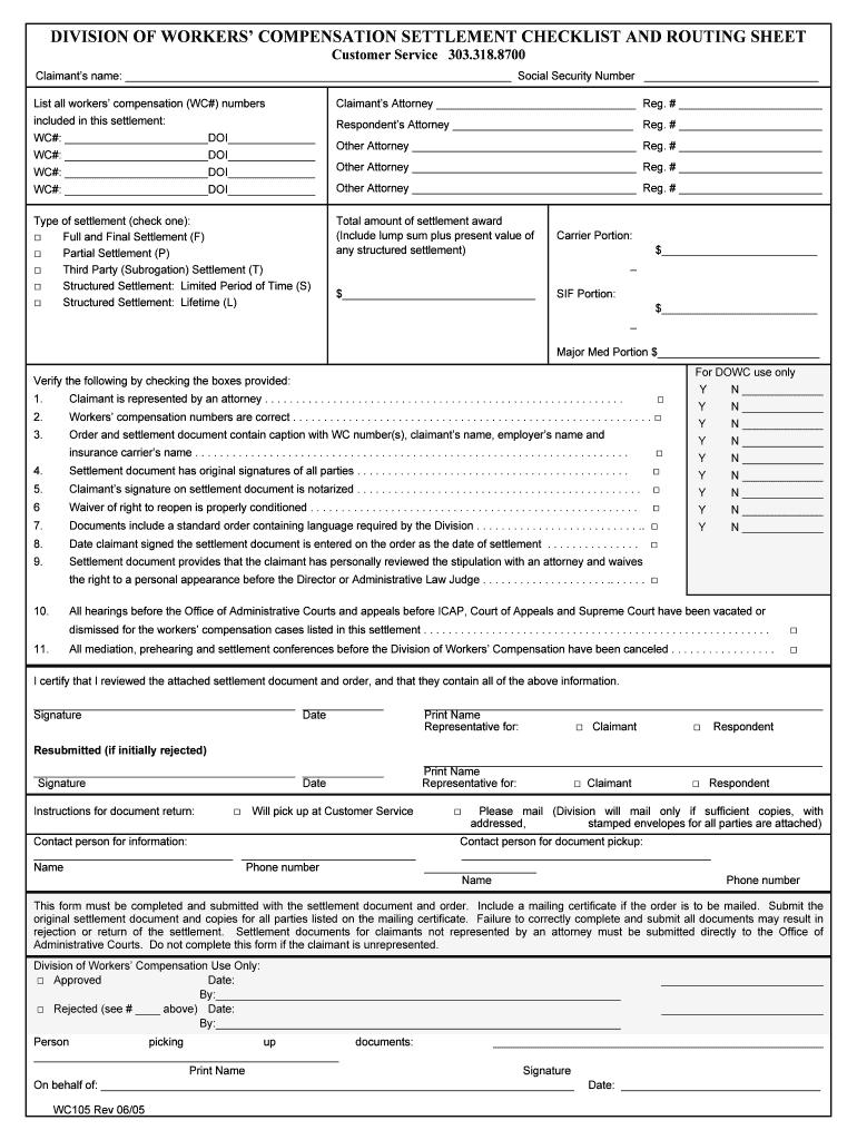 DIVISION of WORKERS COMPENSATION SETTLEMENT CHECKLIST and ROUTING SHEET  Form