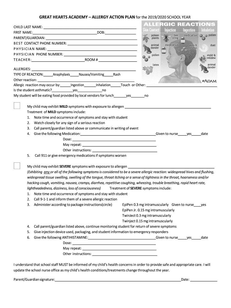  GREAT HEARTS ACADEMY ALLERGY ACTION PLAN for the SCHOOL YEAR 2019