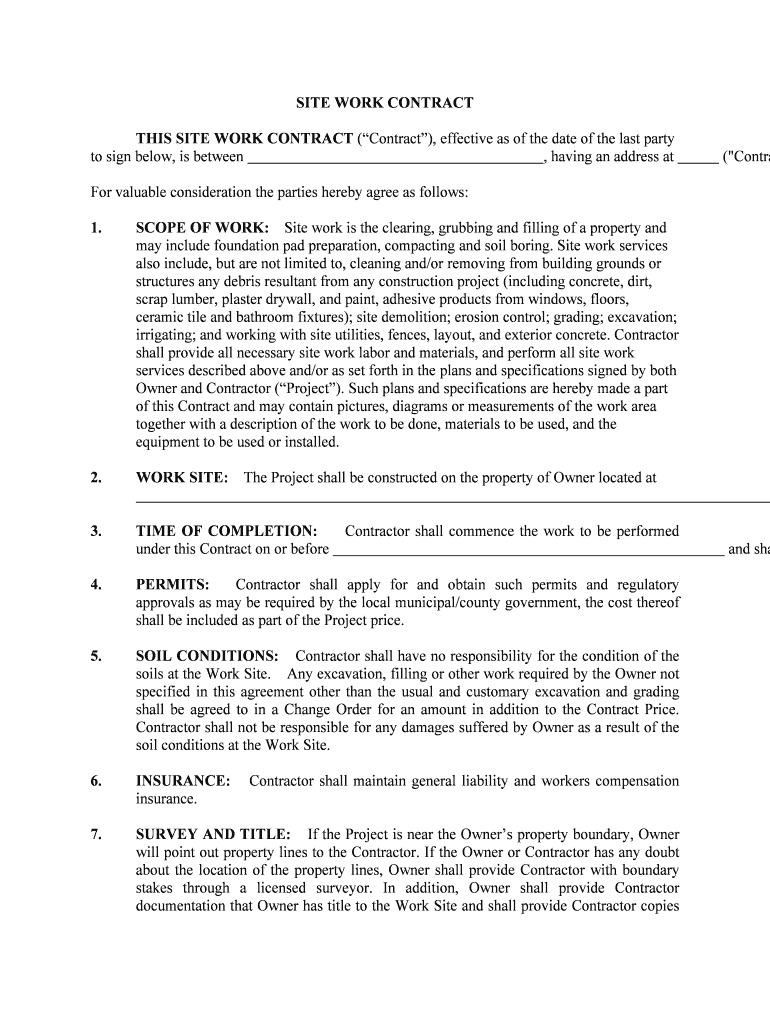 THIS SITE WORK CONTRACT Contract, Effective as of the Date of the Last Party  Form