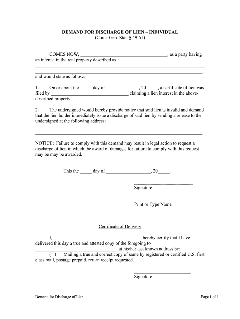 DEMAND for DISCHARGE of LIEN INDIVIDUAL  Form