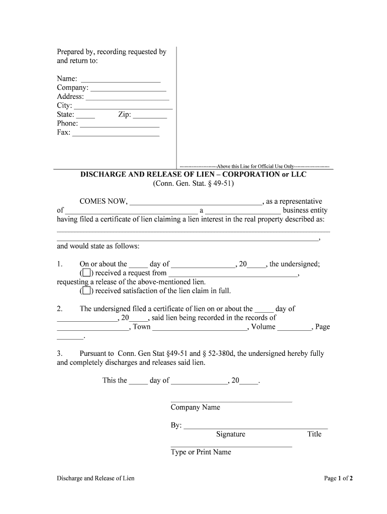 DISCHARGE and RELEASE of LIEN CORPORATION or LLC  Form