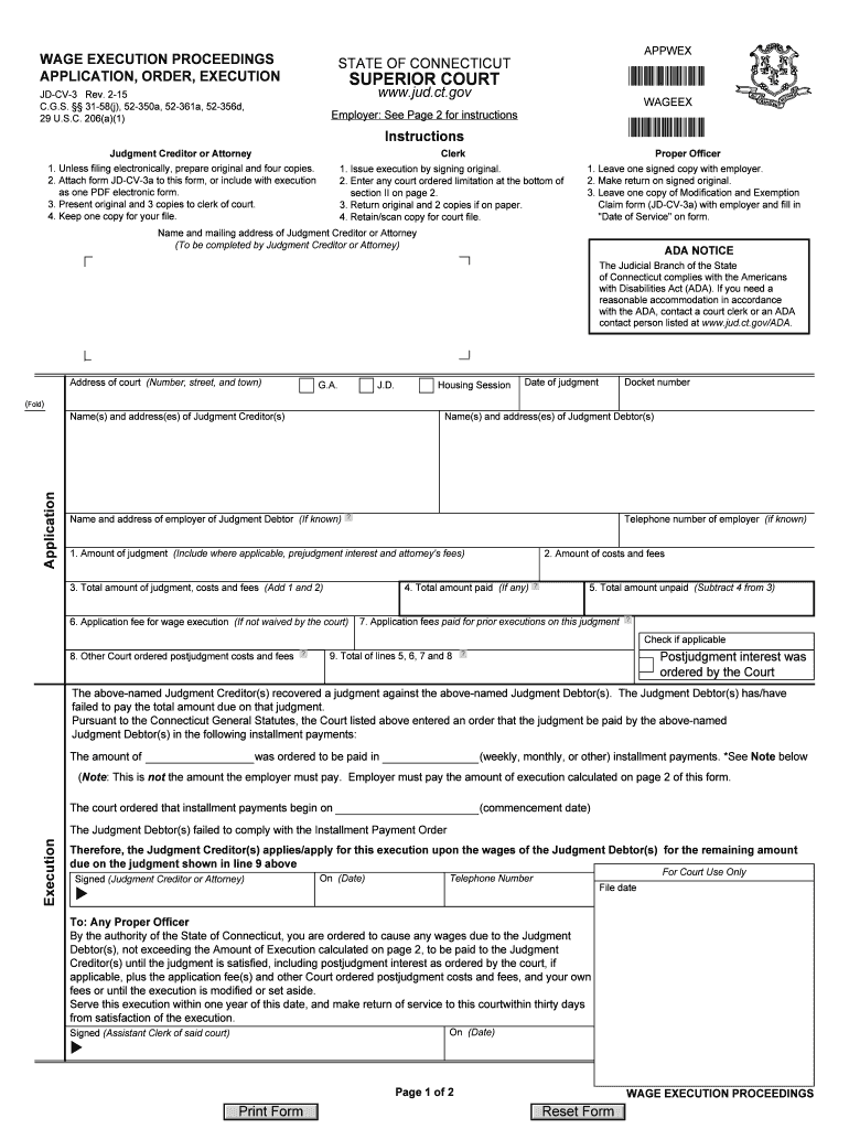 WAGE EXECUTION PROCEEDINGS APPLICATION, ORDER, EXECUTION Form