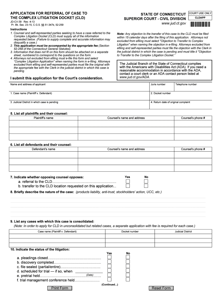 APPLICATION for CASE REFERRAL COMPLEX LITIGATION  Form