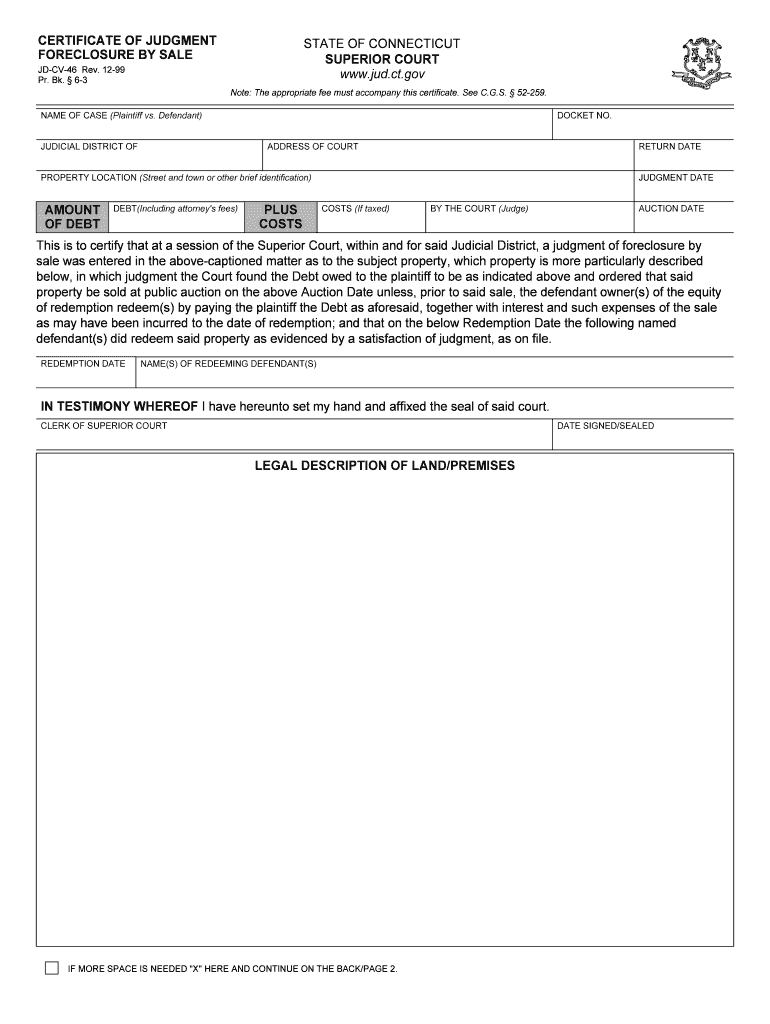 Certificate of Judgment, Foreclosure by Sale Connecticut  Form