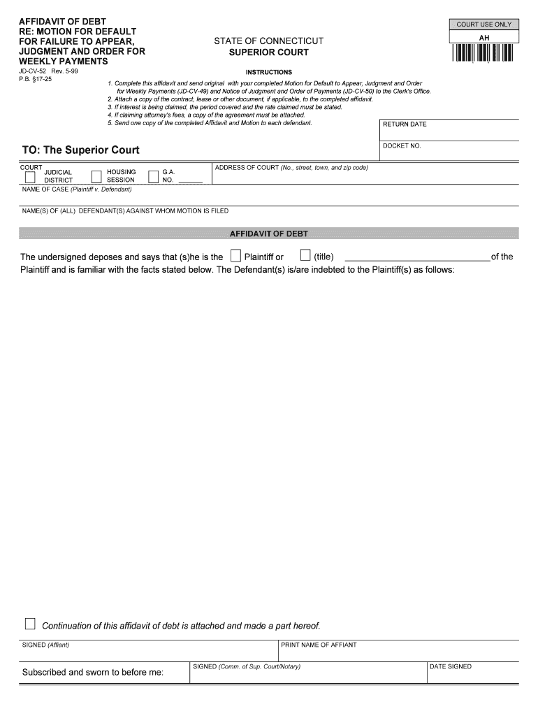 Affidavit of Debt Re Motion for Default for Failure to Appear  Form