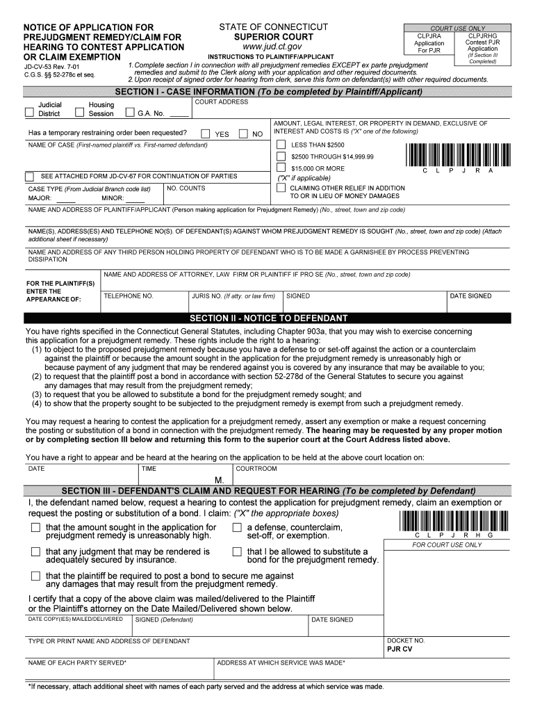 Notice of Application for Prejudgment Remedyclaim for Hearing  Form