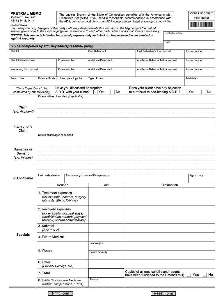 Form JD ES 47 Pretrial Memo Connecticut TemplateRoller