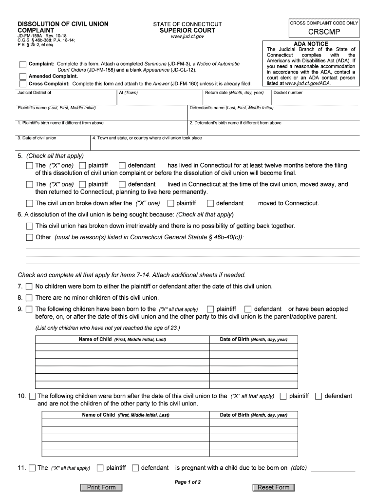 DISSOLUTION of CIVIL UNION COMPLAINT  Form