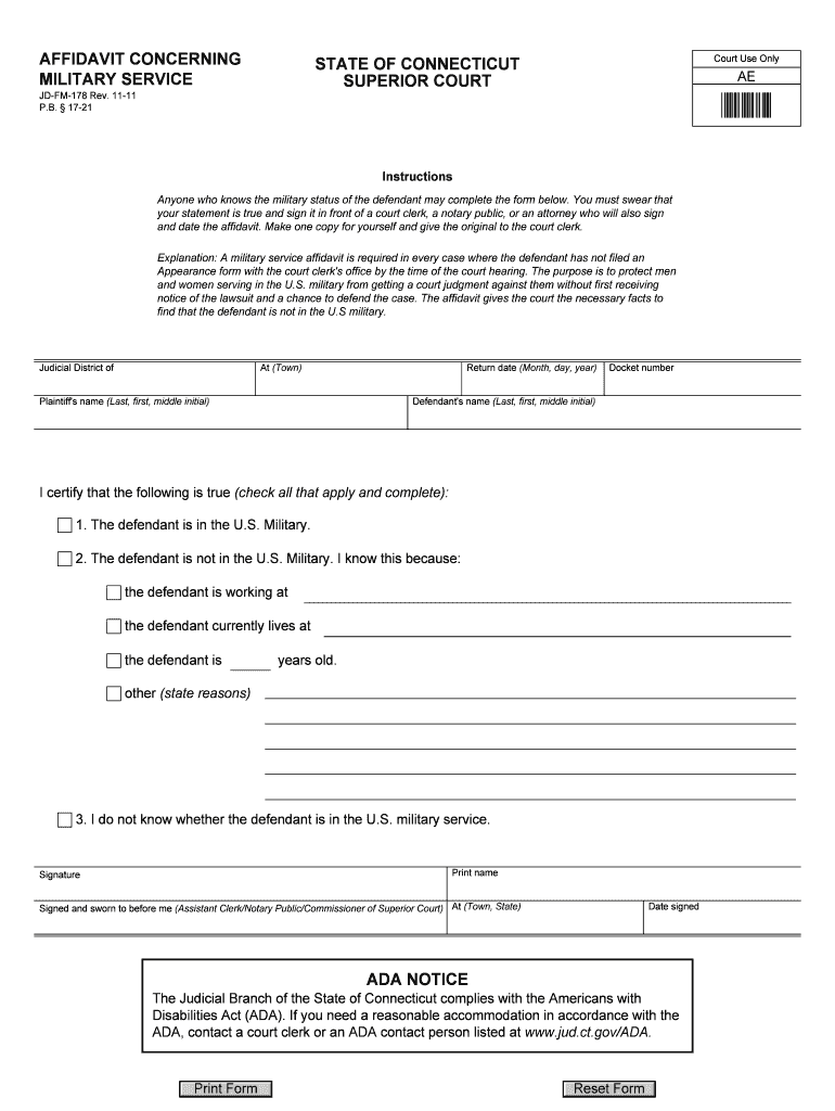 Connecticut Affidavit Concerning Military Service Form