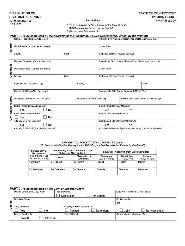 DISSOLUTION of CIVIL UNION COMPLAINT Connecticut  Form