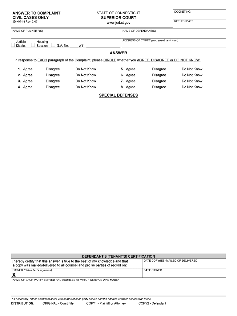 Answer to Complaintcivil Cases Only Connecticut Judicial  Form