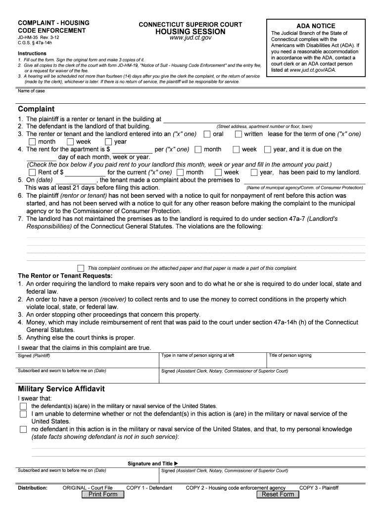 Complaint Housing Code Enforcement Connecticut Judicial  Form