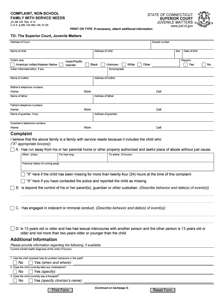 COMPLAINT, NON SCHOOLFAMILY with SERVICE NEEDS  Form