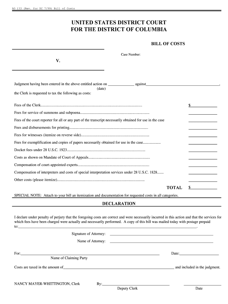 Bill of Costs Form Bill of Costs Form AO 133