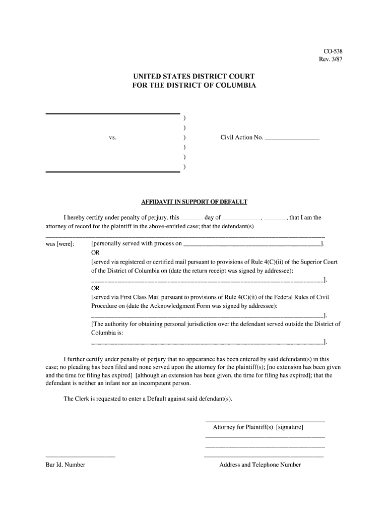 Affidavit for Entry of DefaultATRDepartment of Justice  Form